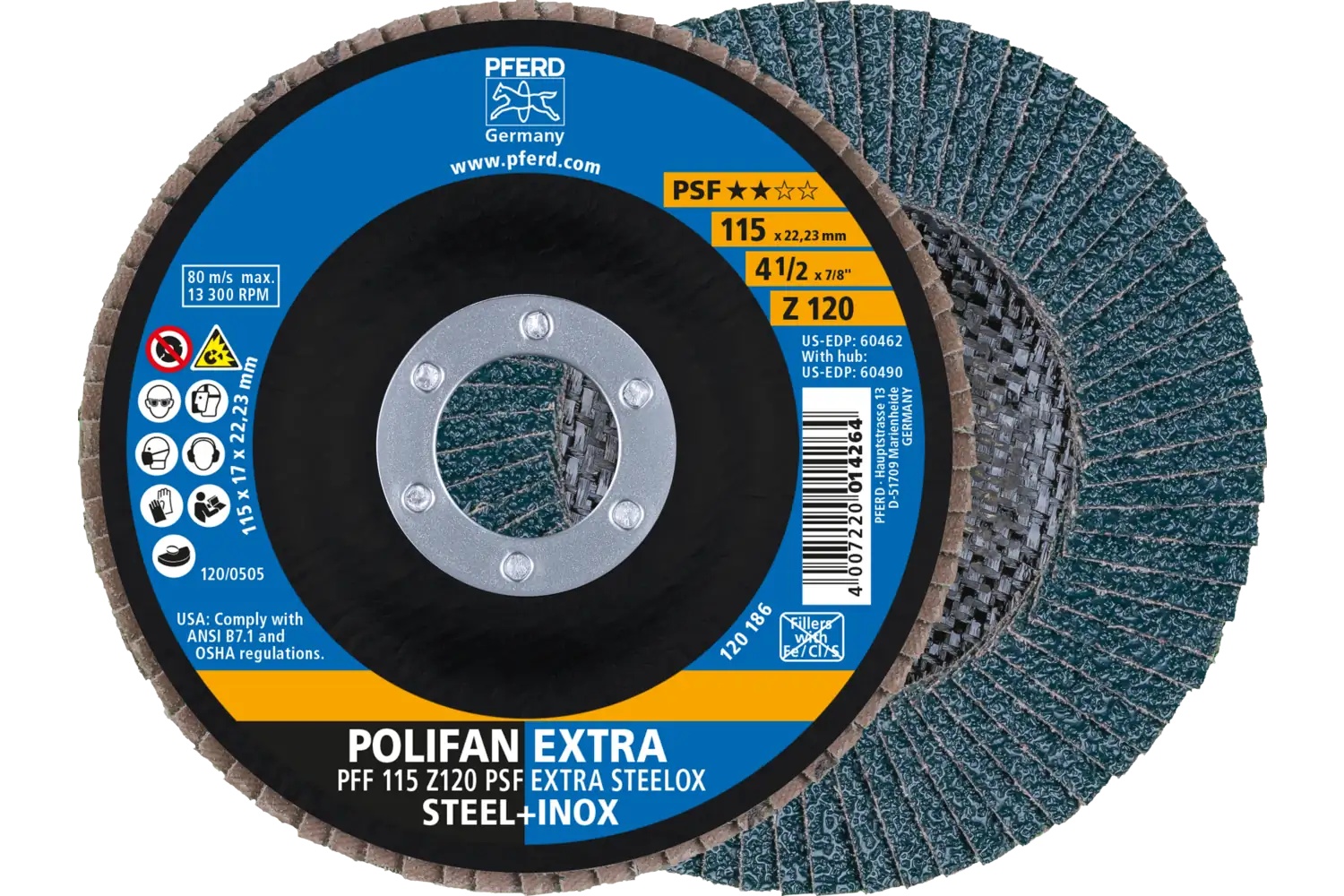 Picture of Pferd Flap Disc, 4-1/2" x 7/8, Z PSF Extra Steelox, 120 Grit, T27, Flat, Zirconia
